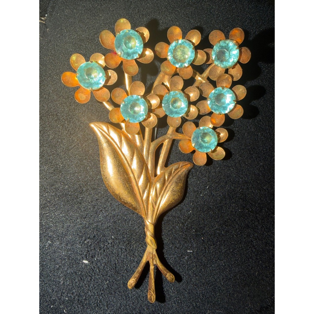 Vintage Gold Tone Flower Bouquet Brooch Light Blue Rhinestone Floral Pin